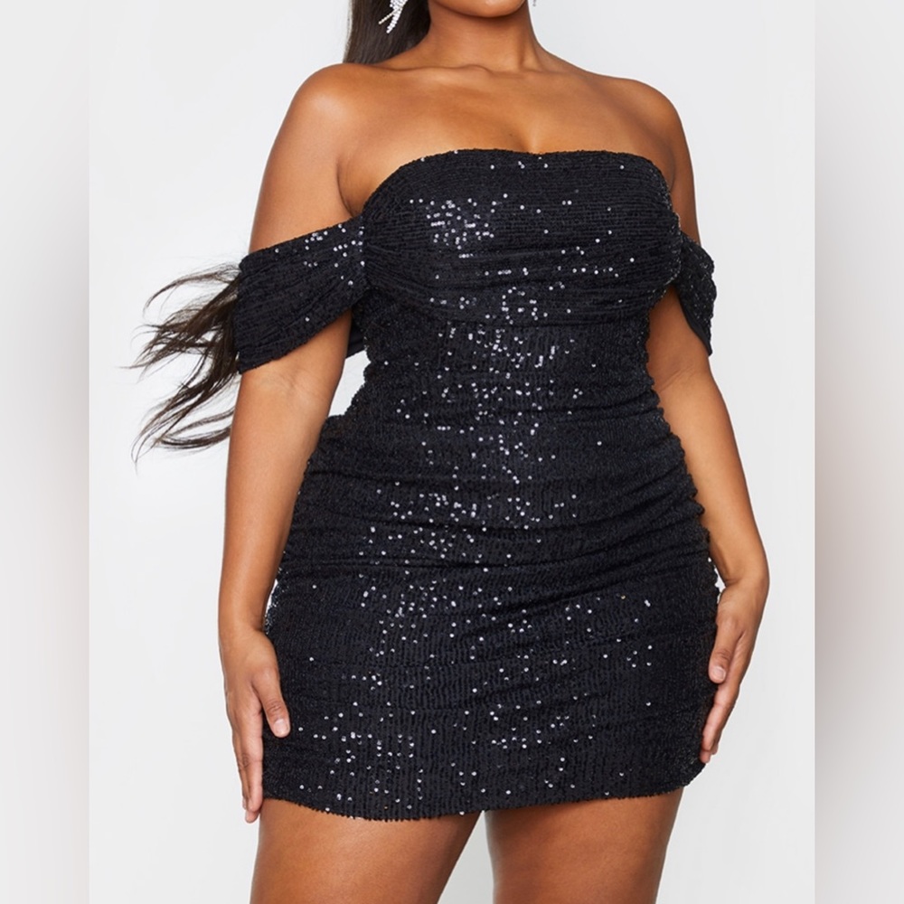 Black sequin Bardot black bodycon dress